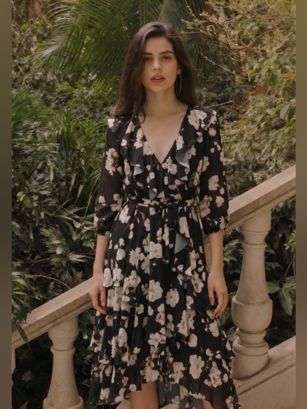 Alice + Olivia Long Sleeve Surplice Midi Soft Black Floral Dress 6